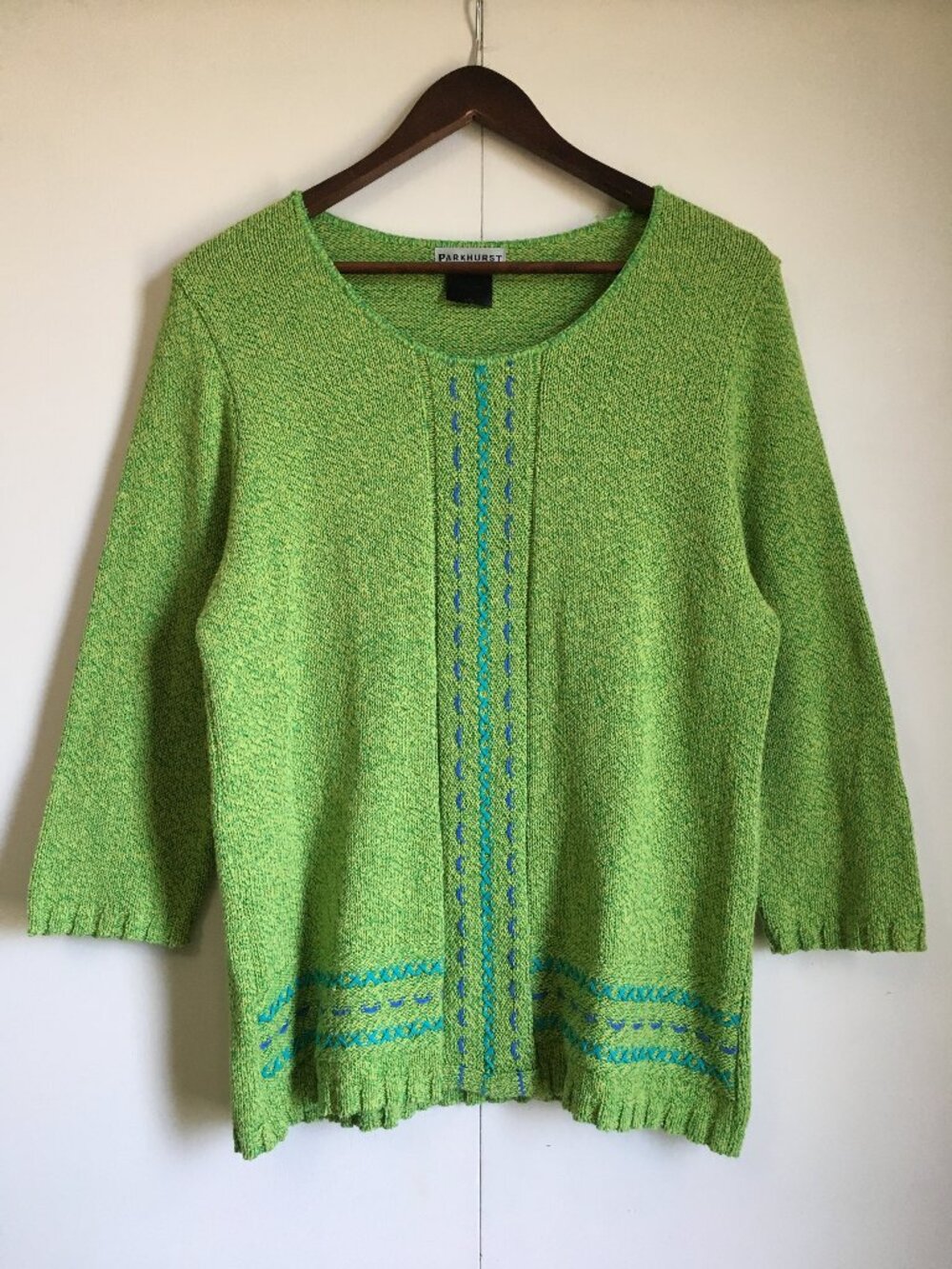 Vintage 90s Parkhurst Lime Green Knit Stitchwork Cotton Blend Sweater L - Picture 1 of 16